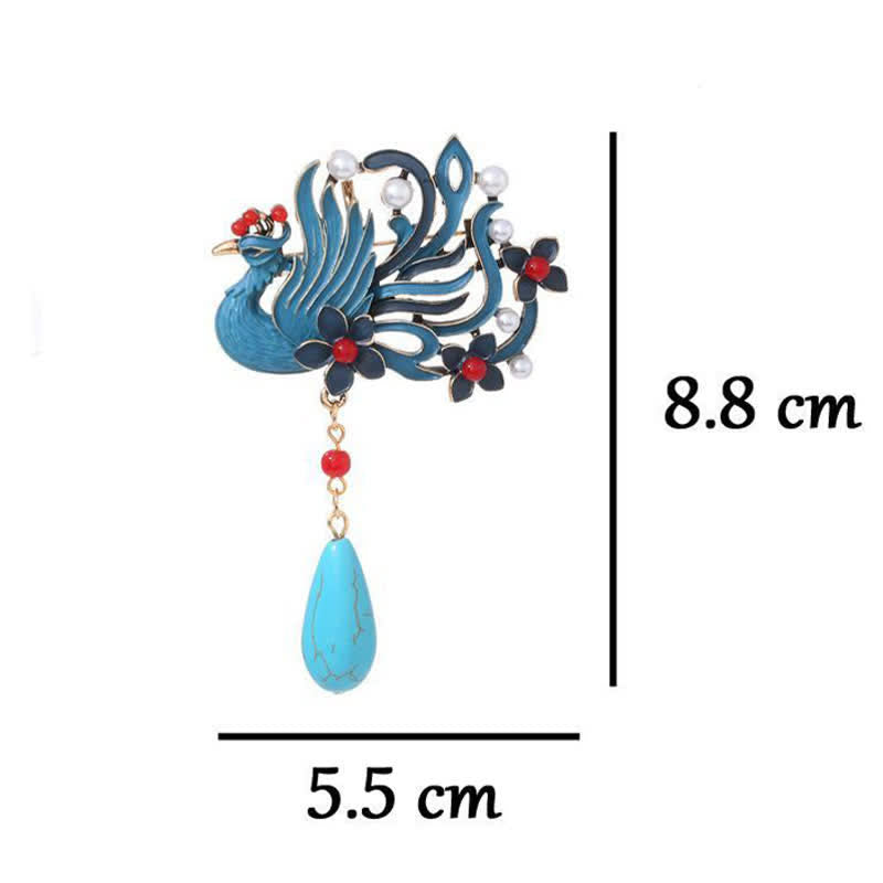 Protection and Strength Blue Phoenix Flower Pearl Turquoise Brooch