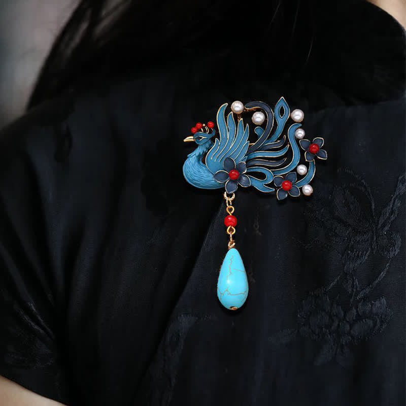 Nimara Ritual Blue Phoenix Flower Pearl Turquoise Brooch