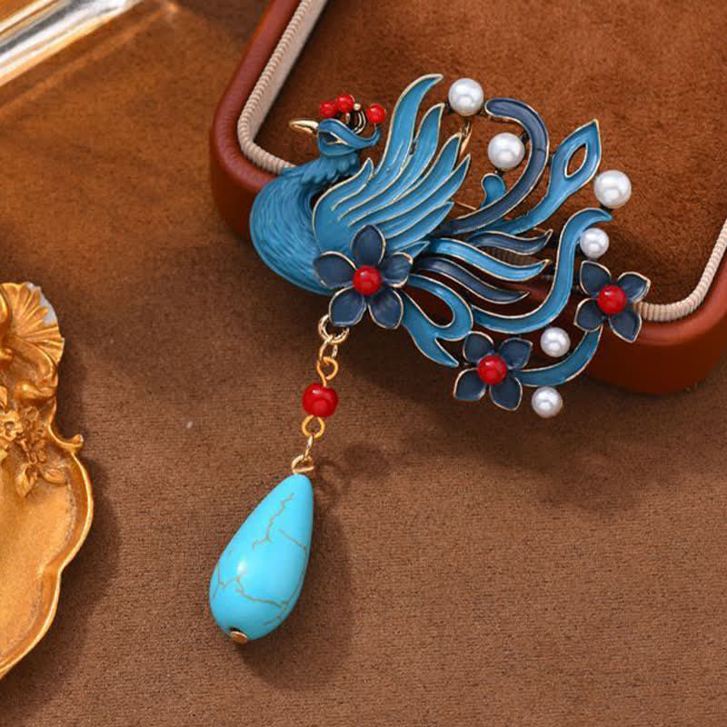 Protection and Strength Blue Phoenix Flower Pearl Turquoise Brooch