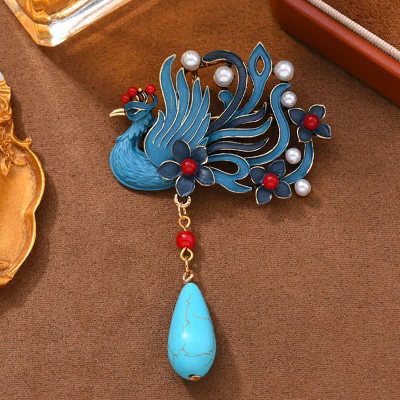 Protection and Strength Blue Phoenix Flower Pearl Turquoise Brooch