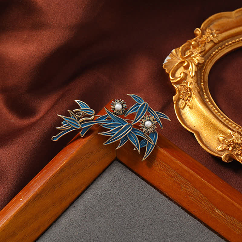 Nimara Ritual CloisonnA Enamel Blue Bamboo Elegant Brooch
