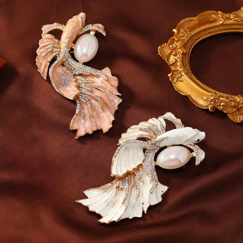 Luck and Wealth Glazed Koi Fish Pearl Brooch