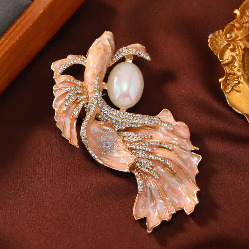 Luck and Wealth Glazed Koi Fish Pearl Brooch
