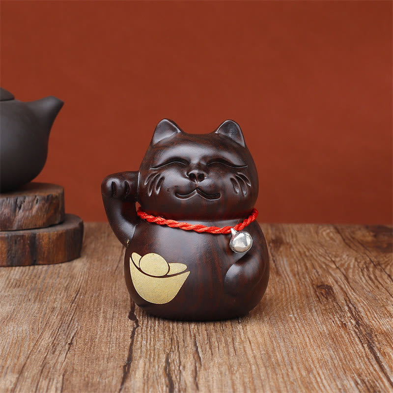 Nimara Ritual Mini Lucky Cat Ebony Wood Carved Decoration 8cm