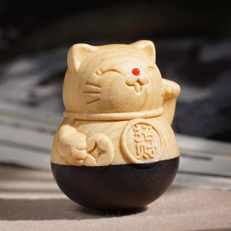 Nimara Ritual Attract Wealth Mini Lucky Cat Ebony Beech Wood Carved Protection Decoration 4.7*4cm