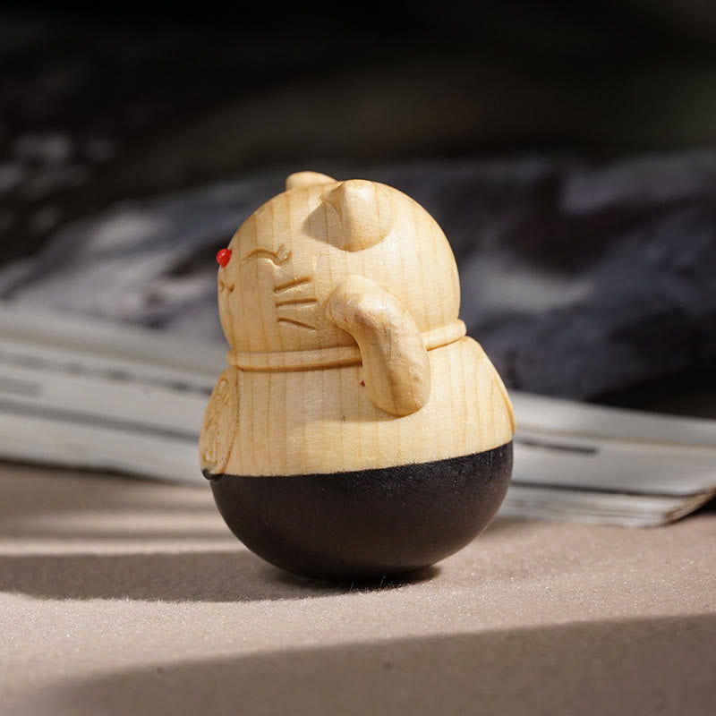 Nimara Ritual Attract Wealth Mini Lucky Cat Ebony Beech Wood Carved Protection Decoration 4.7*4cm