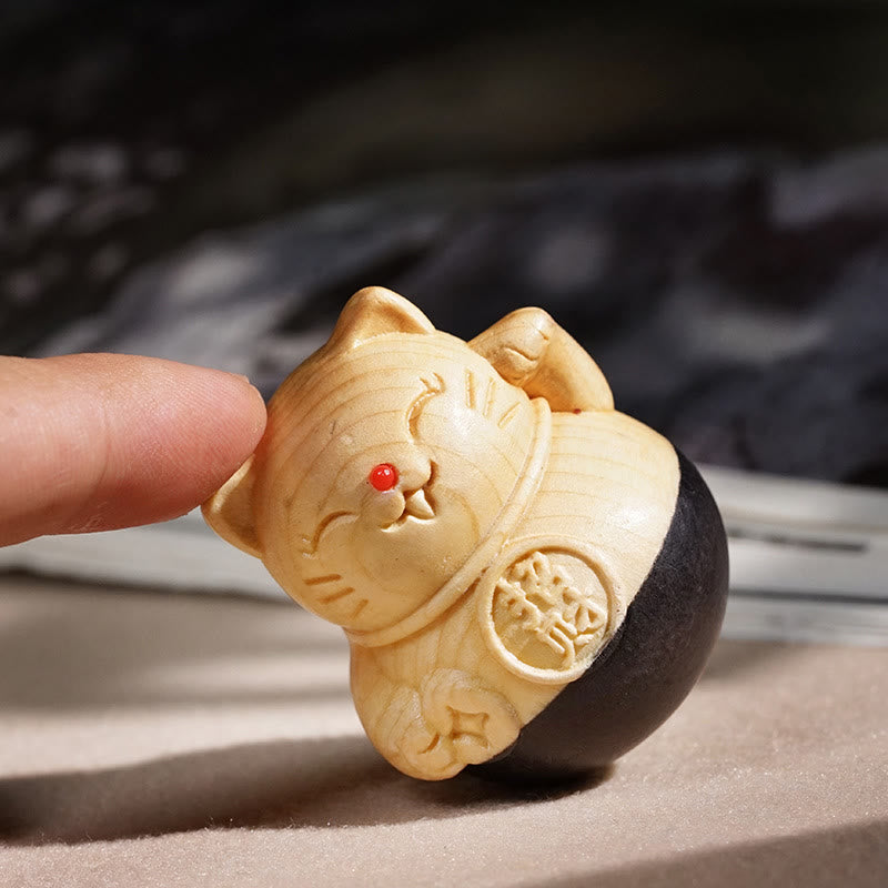 Nimara Ritual Attract Wealth Mini Lucky Cat Ebony Beech Wood Carved Protection Decoration 4.7*4cm
