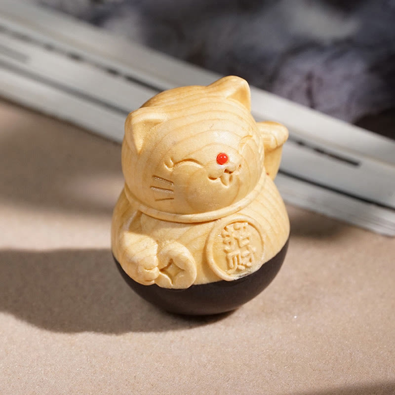Nimara Ritual Attract Wealth Mini Lucky Cat Ebony Beech Wood Carved Protection Decoration 4.7*4cm