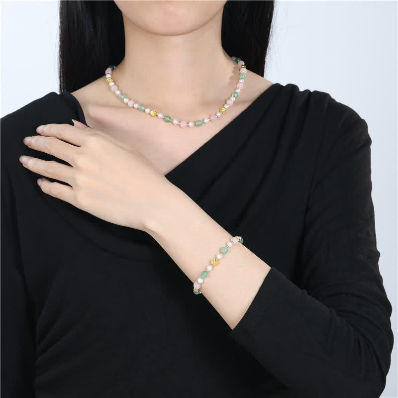 Nimara Ritual Natural Rose Quartz Green Strawberry Quartz Pearl Bead Peace Necklace