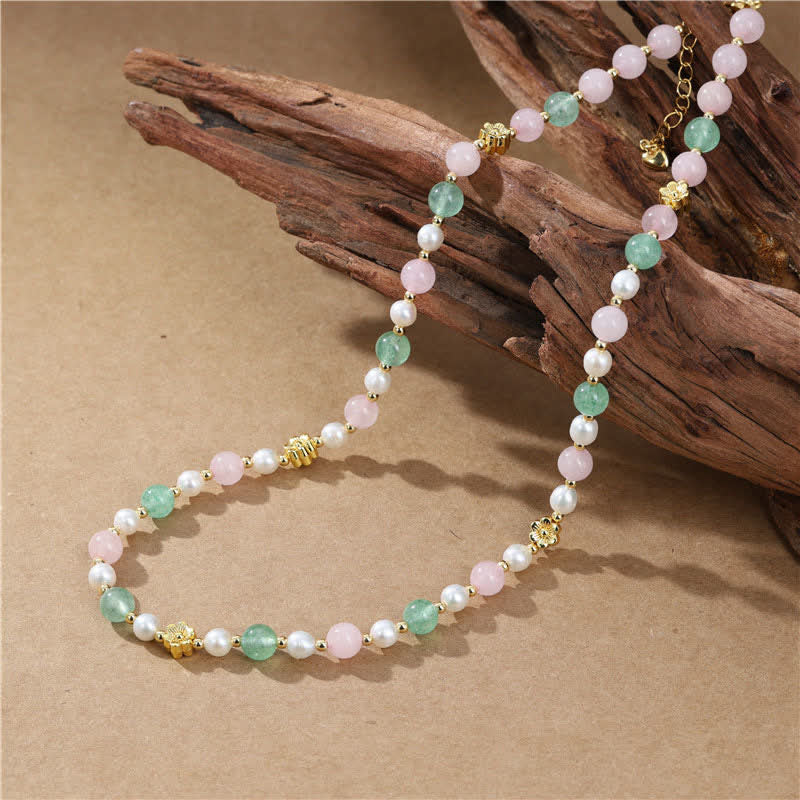 Nimara Ritual Natural Rose Quartz Green Strawberry Quartz Pearl Bead Peace Necklace