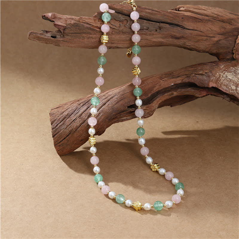 Nimara Ritual Natural Rose Quartz Green Strawberry Quartz Pearl Bead Peace Necklace
