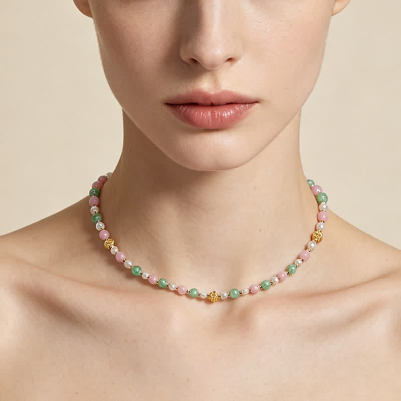Nimara Ritual Natural Rose Quartz Green Strawberry Quartz Pearl Bead Peace Necklace