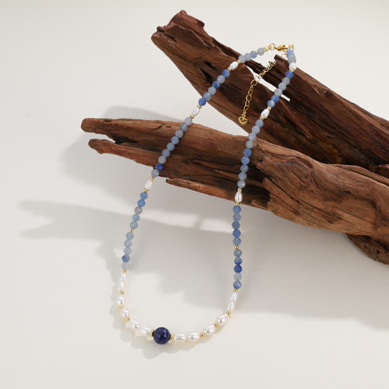 Nimara Ritual Natural Blue Aventurine Lapis Lazuli Pearl Bead Concentration Necklace
