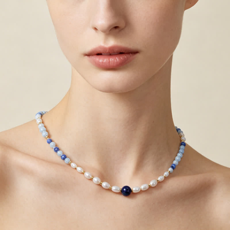 Nimara Ritual Natural Blue Aventurine Lapis Lazuli Pearl Bead Concentration Necklace