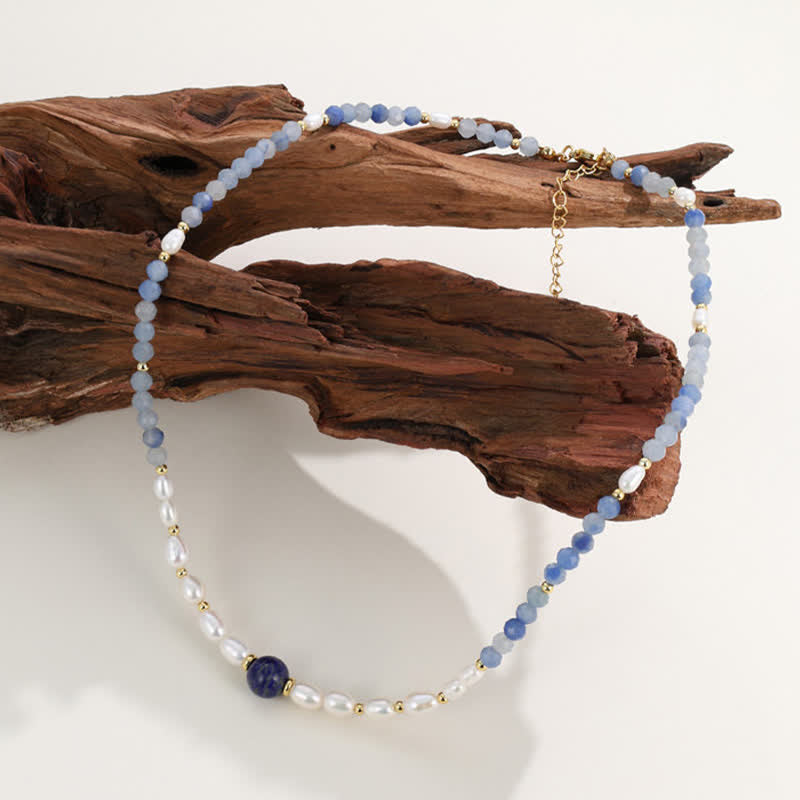Nimara Ritual Natural Blue Aventurine Lapis Lazuli Pearl Bead Concentration Necklace