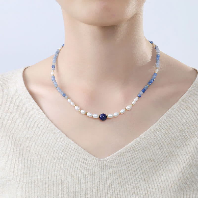 Nimara Ritual Natural Blue Aventurine Lapis Lazuli Pearl Bead Concentration Necklace
