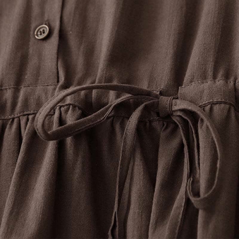 Nimara Ritual Summer Minimalist Button-Up Drawstring Solid Women's Short Sleeve Dress With Pockets
