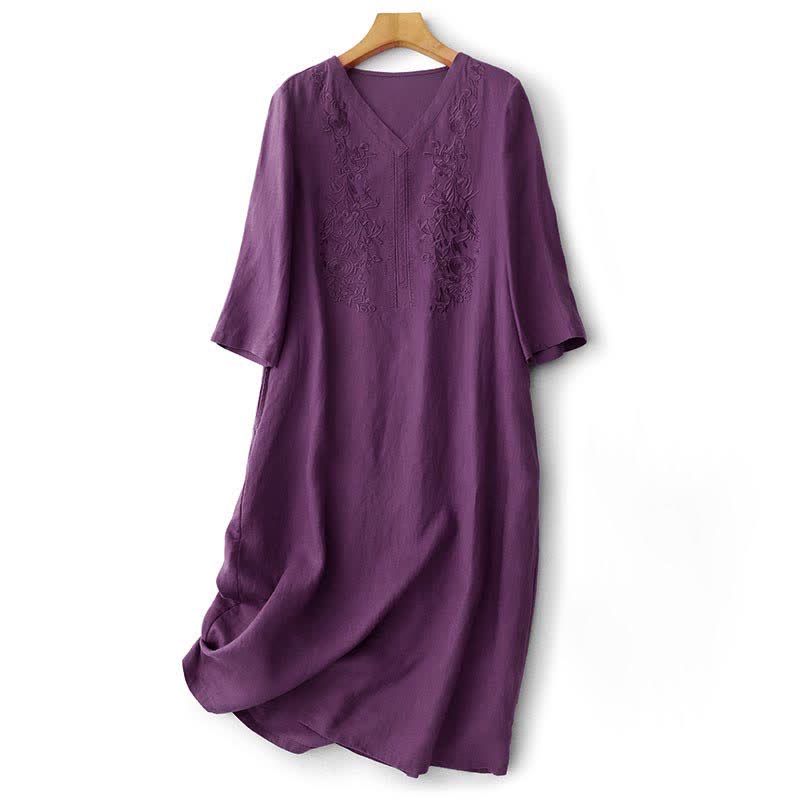 Nimara Ritual Summer Embroidery Solid Women's Short Sleeve Dress With Pockets