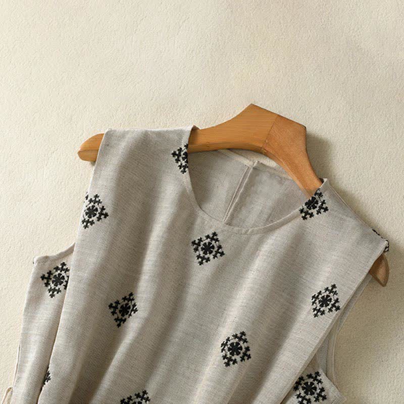 Nimara Ritual Summer Boho Drawstring Geometric Print Women's Summer Sleeveless Dress With Pockets