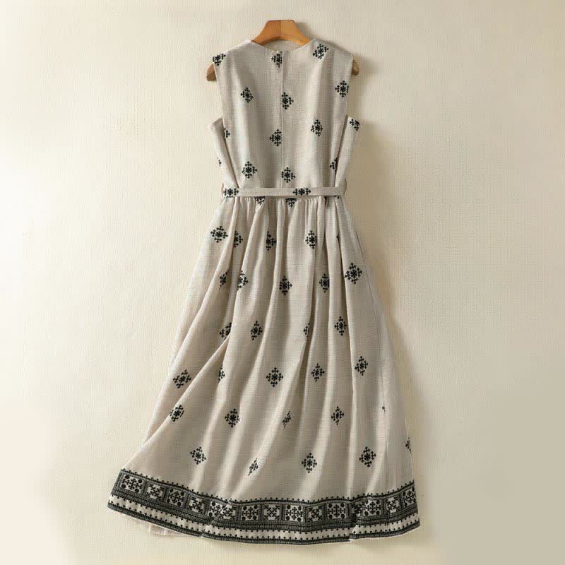 Nimara Ritual Summer Boho Drawstring Geometric Print Women's Summer Sleeveless Dress With Pockets