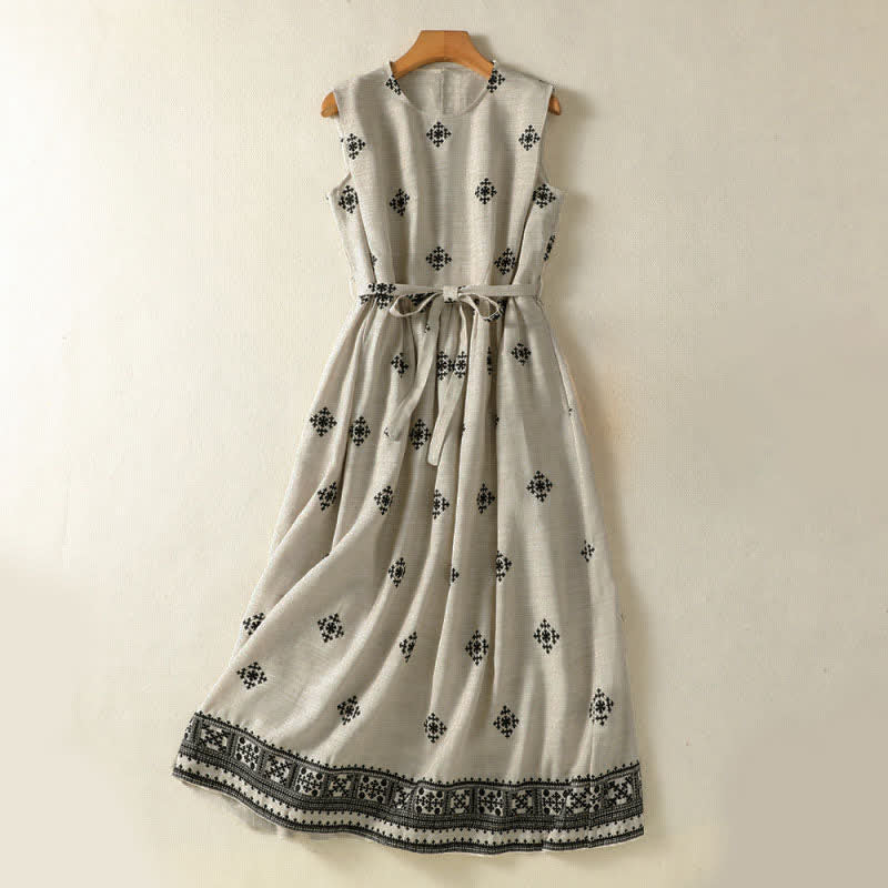 Nimara Ritual Summer Boho Drawstring Geometric Print Women's Summer Sleeveless Dress With Pockets