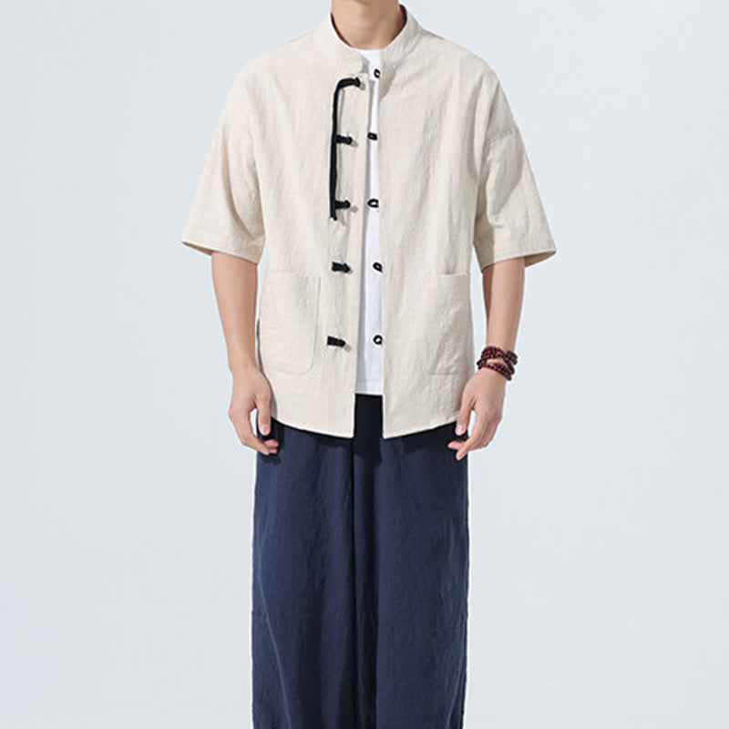 Nimara Ritual Summer Casual Mandarin Collar Frog Button Solid Men's Short Sleeve Shirt With Pockets