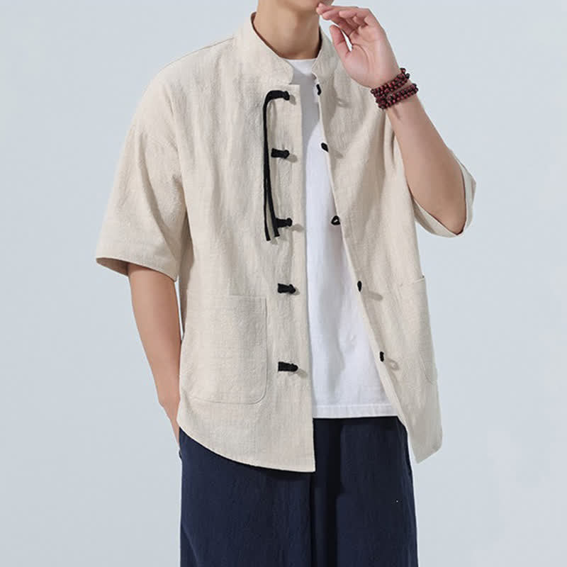 Nimara Ritual Summer Casual Mandarin Collar Frog Button Solid Men's Short Sleeve Shirt With Pockets
