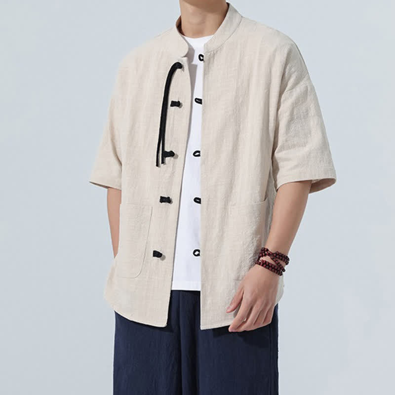 Nimara Ritual Summer Casual Mandarin Collar Frog Button Solid Men's Short Sleeve Shirt With Pockets