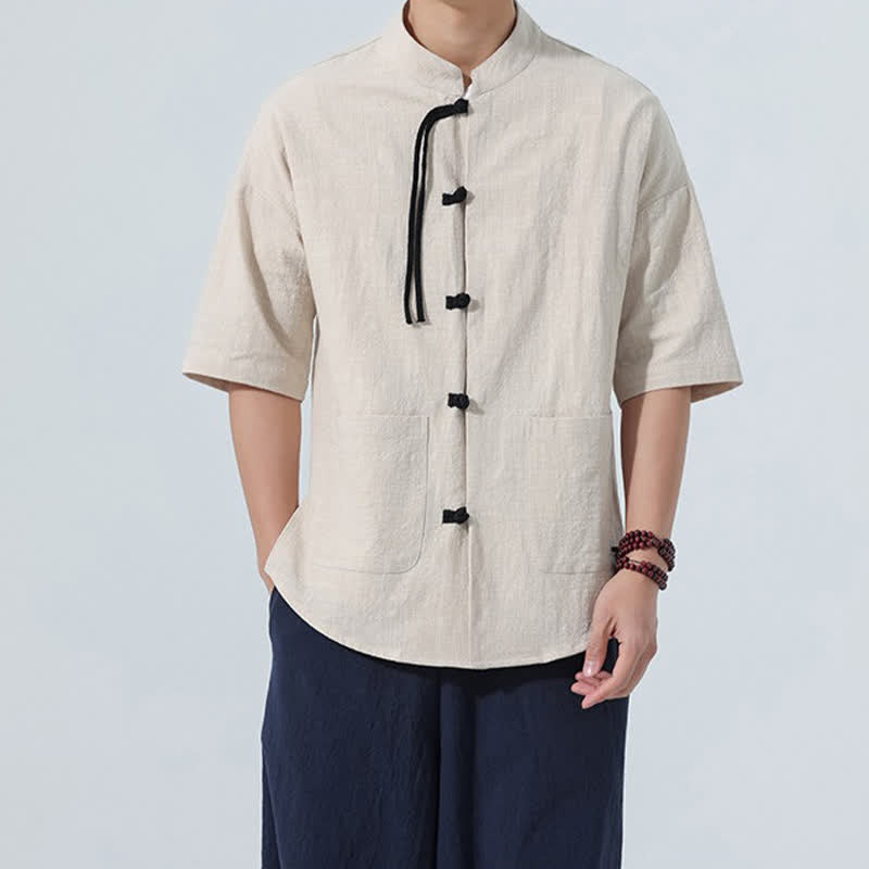 Nimara Ritual Summer Casual Mandarin Collar Frog Button Solid Men's Short Sleeve Shirt With Pockets