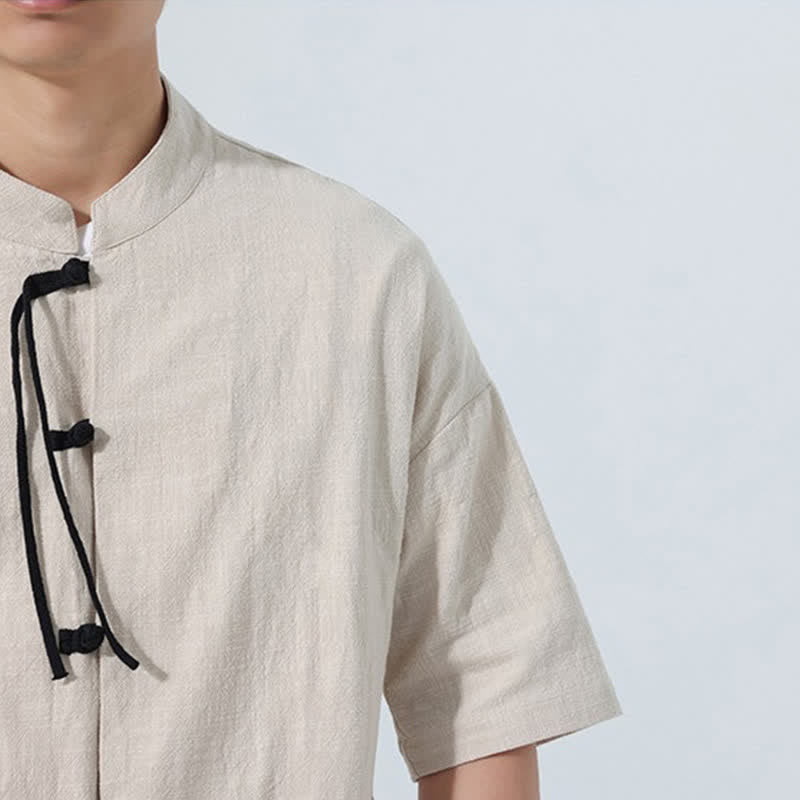 Nimara Ritual Summer Casual Mandarin Collar Frog Button Solid Men's Short Sleeve Shirt With Pockets