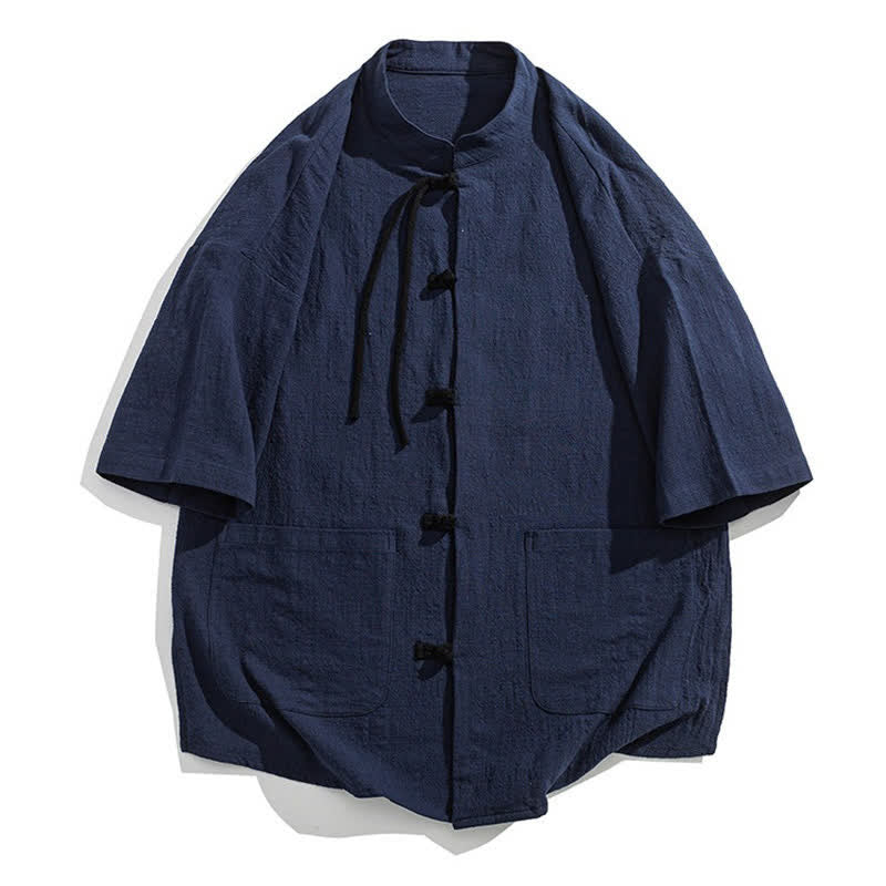 Nimara Ritual Summer Casual Mandarin Collar Frog Button Solid Men's Short Sleeve Shirt With Pockets