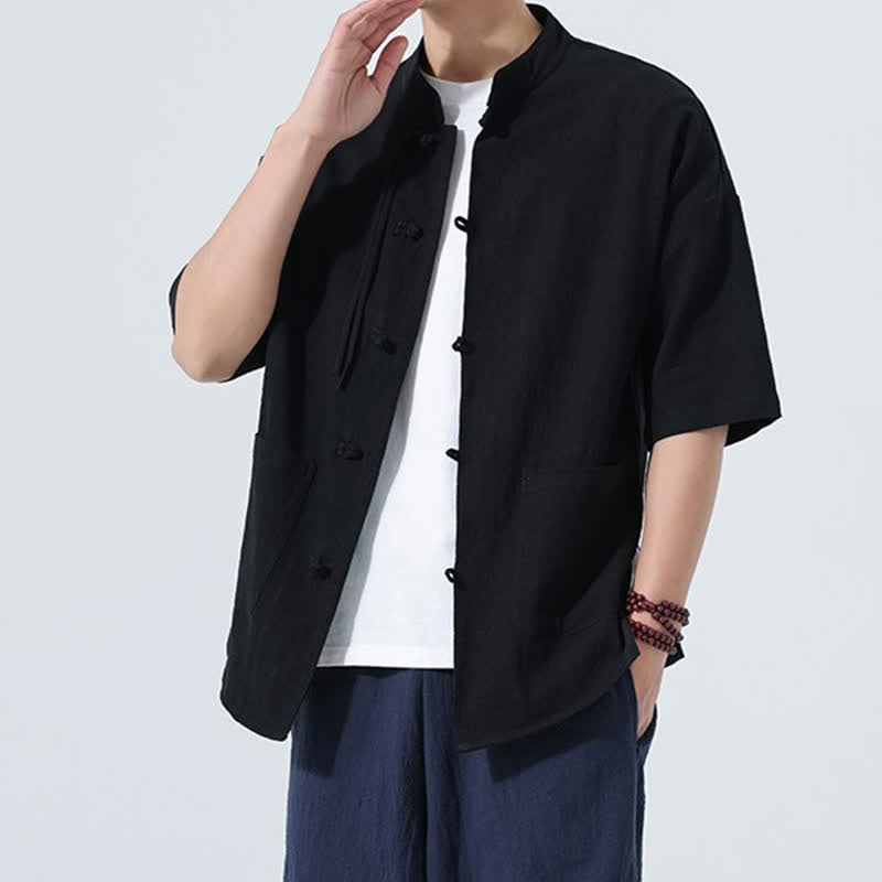 Nimara Ritual Summer Casual Mandarin Collar Frog Button Solid Men's Short Sleeve Shirt With Pockets