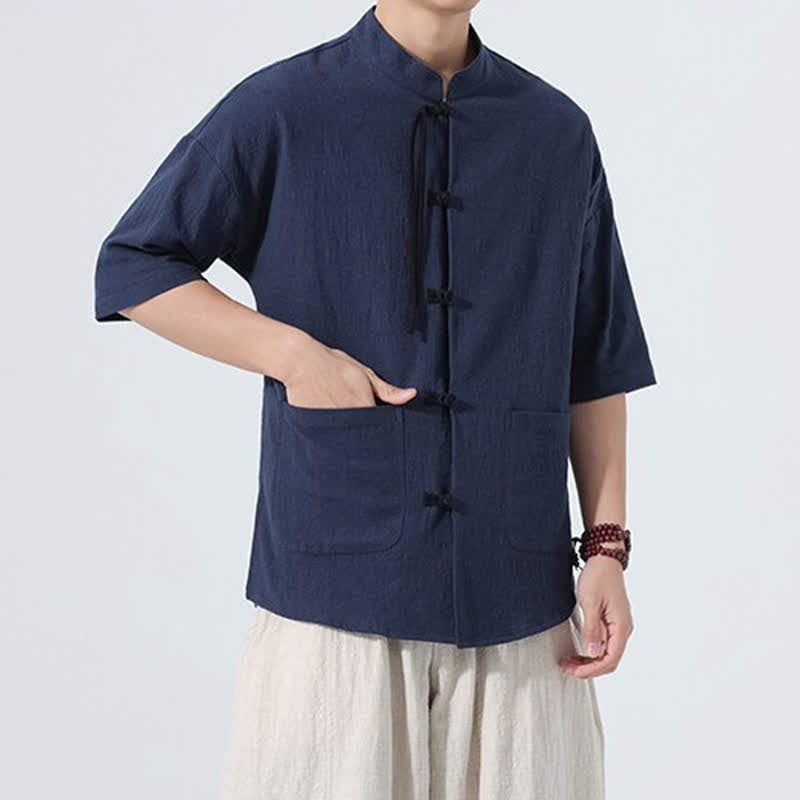 Nimara Ritual Summer Casual Mandarin Collar Frog Button Solid Men's Short Sleeve Shirt With Pockets