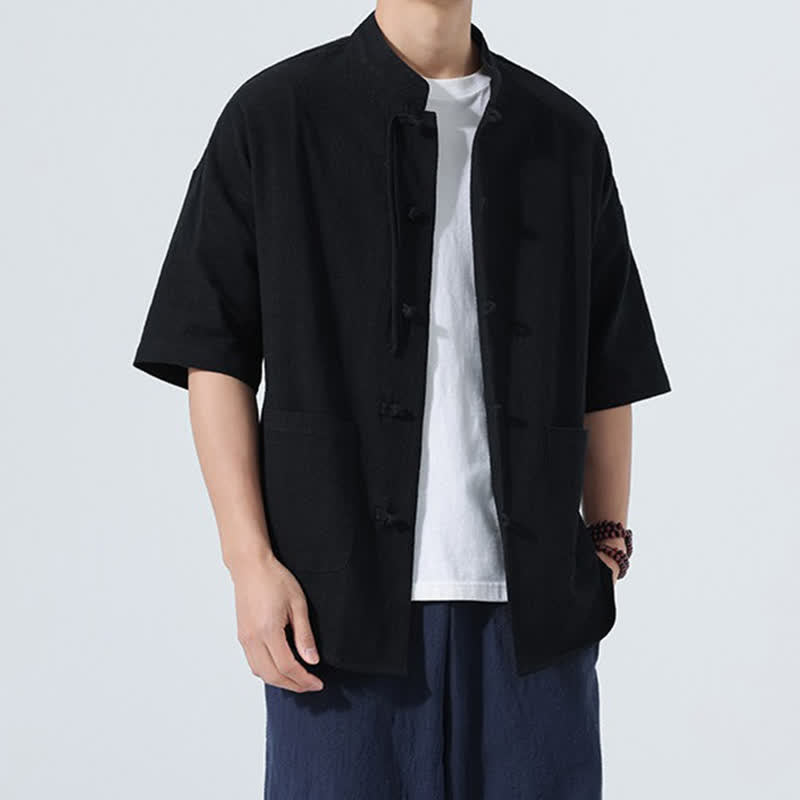 Nimara Ritual Summer Casual Mandarin Collar Frog Button Solid Men's Short Sleeve Shirt With Pockets