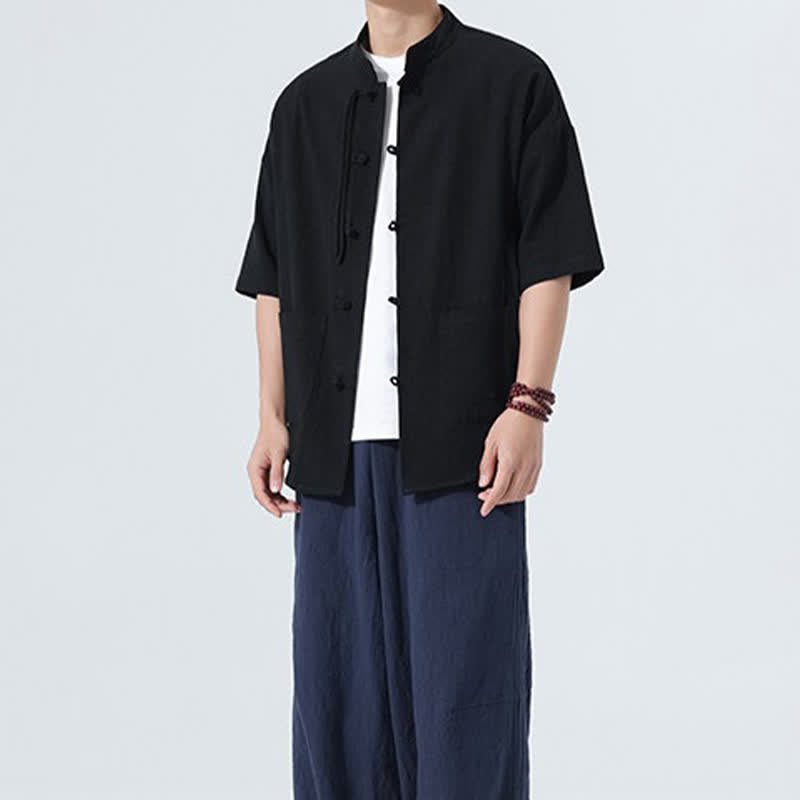 Nimara Ritual Summer Casual Mandarin Collar Frog Button Solid Men's Short Sleeve Shirt With Pockets