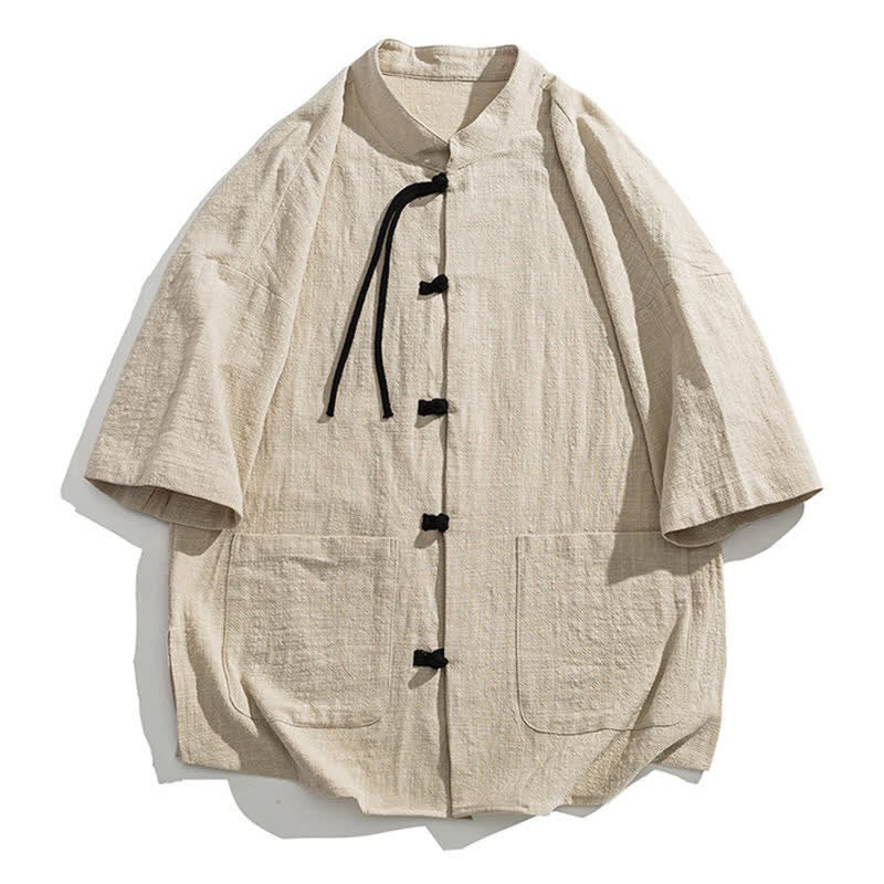 Nimara Ritual Summer Casual Mandarin Collar Frog Button Solid Men's Short Sleeve Shirt With Pockets