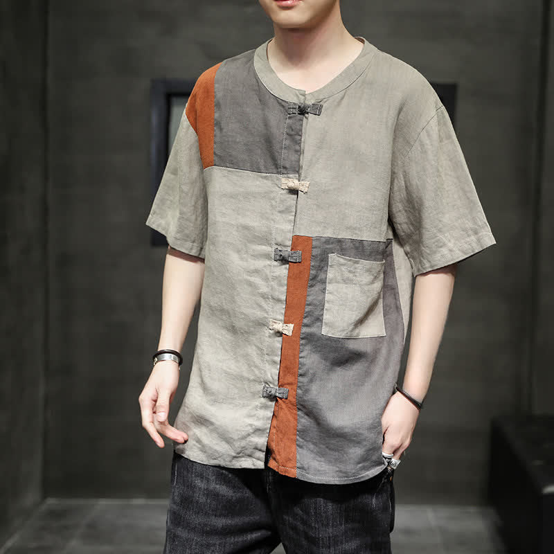 Nimara Ritual Summer Vintage Frog Button Patchwork Design Men's Short Sleeve Shirt