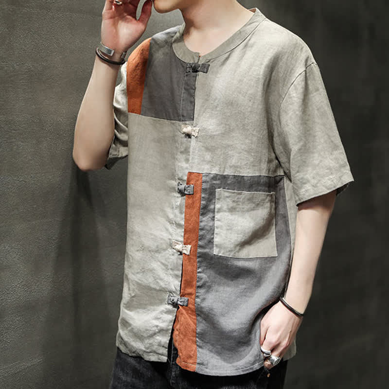 Nimara Ritual Summer Vintage Frog Button Patchwork Design Men's Short Sleeve Shirt
