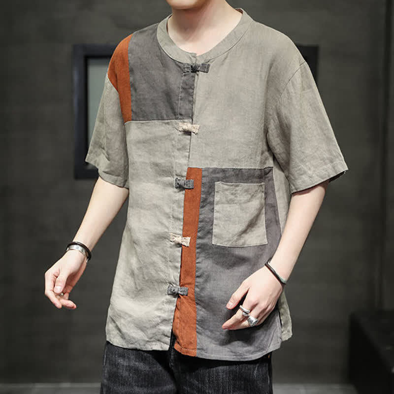 Nimara Ritual Summer Vintage Frog Button Patchwork Design Men's Short Sleeve Shirt