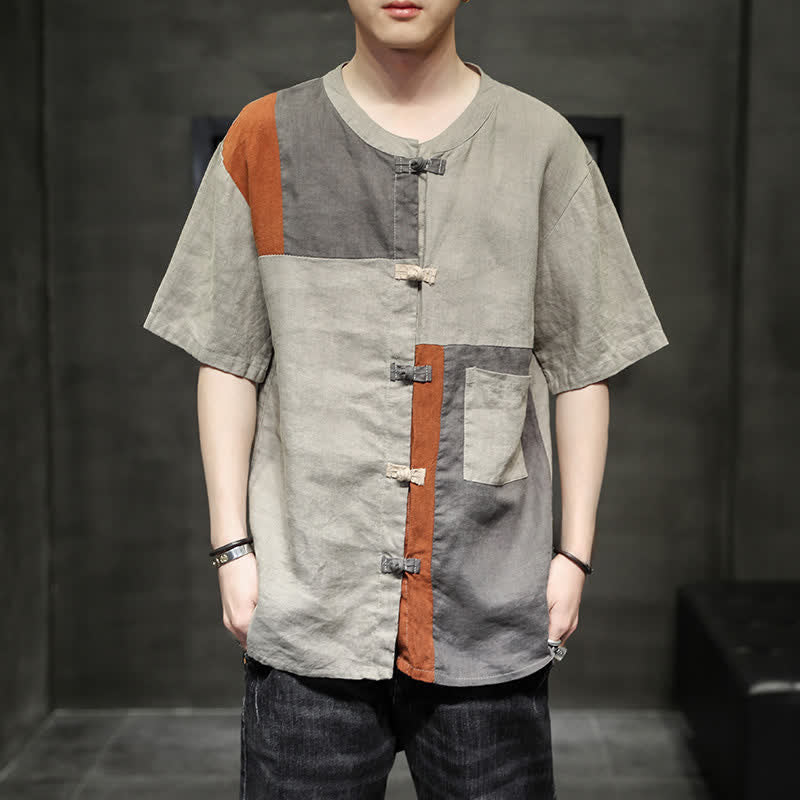 Nimara Ritual Summer Vintage Frog Button Patchwork Design Men's Short Sleeve Shirt