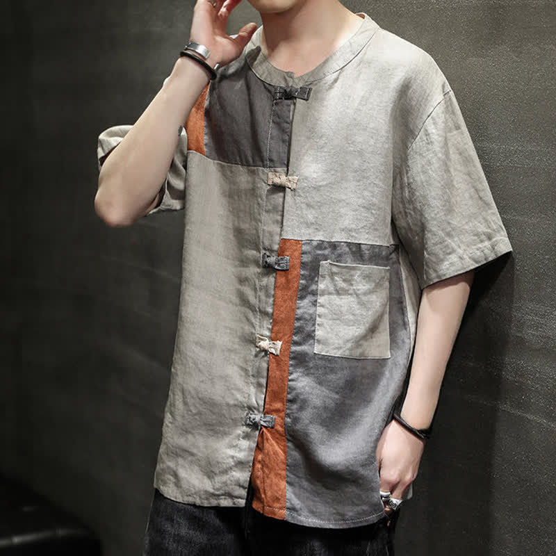 Nimara Ritual Summer Vintage Frog Button Patchwork Design Men's Short Sleeve Shirt