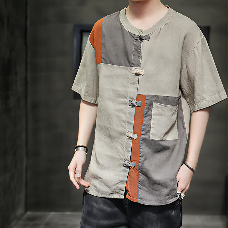 Nimara Ritual Summer Vintage Frog Button Patchwork Design Men's Short Sleeve Shirt