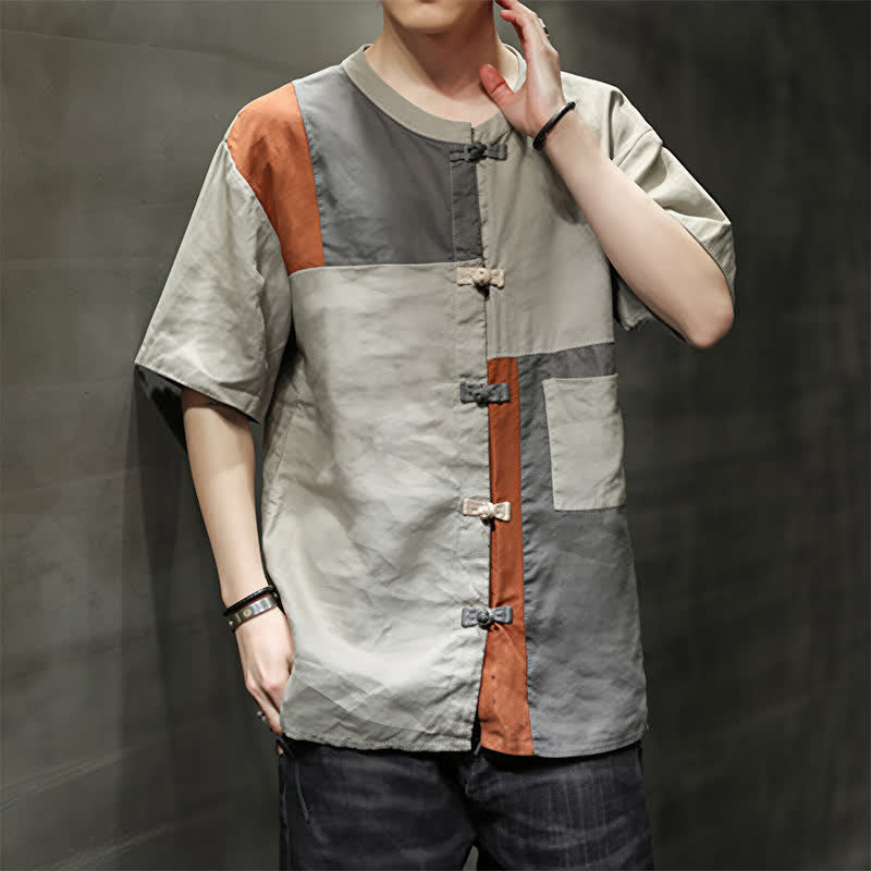 Nimara Ritual Summer Vintage Frog Button Patchwork Design Men's Short Sleeve Shirt