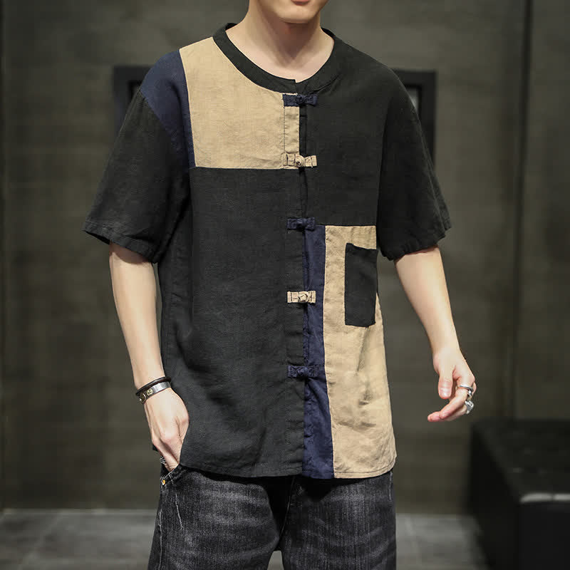 Nimara Ritual Summer Vintage Frog Button Patchwork Design Men's Short Sleeve Shirt