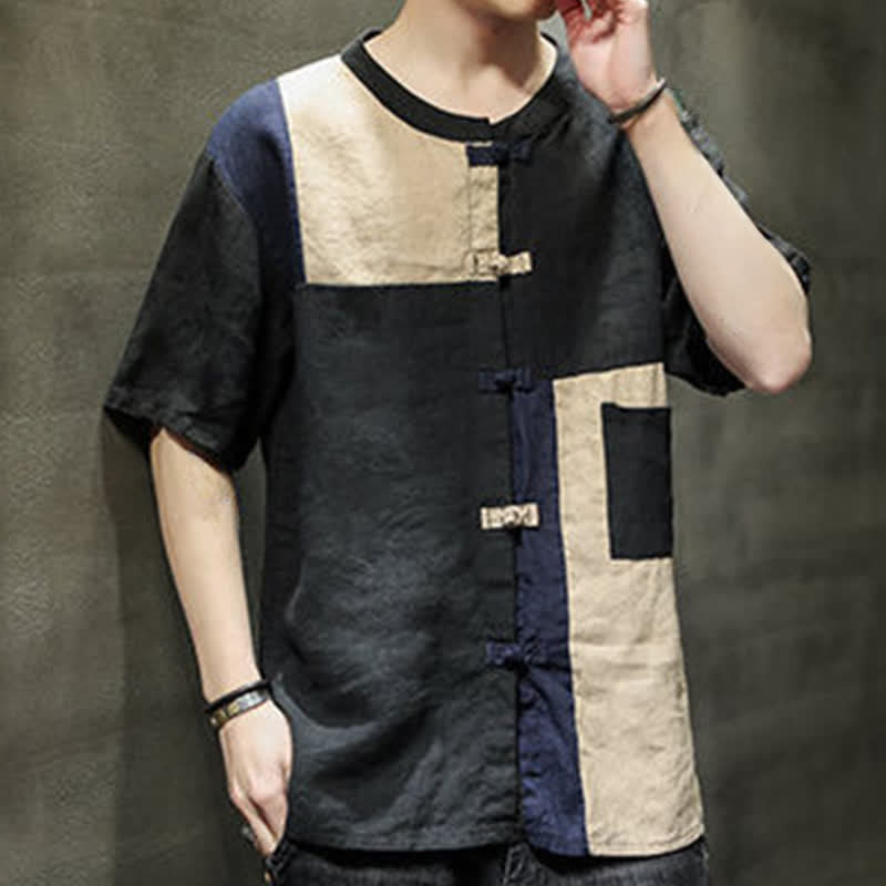 Nimara Ritual Summer Vintage Frog Button Patchwork Design Men's Short Sleeve Shirt