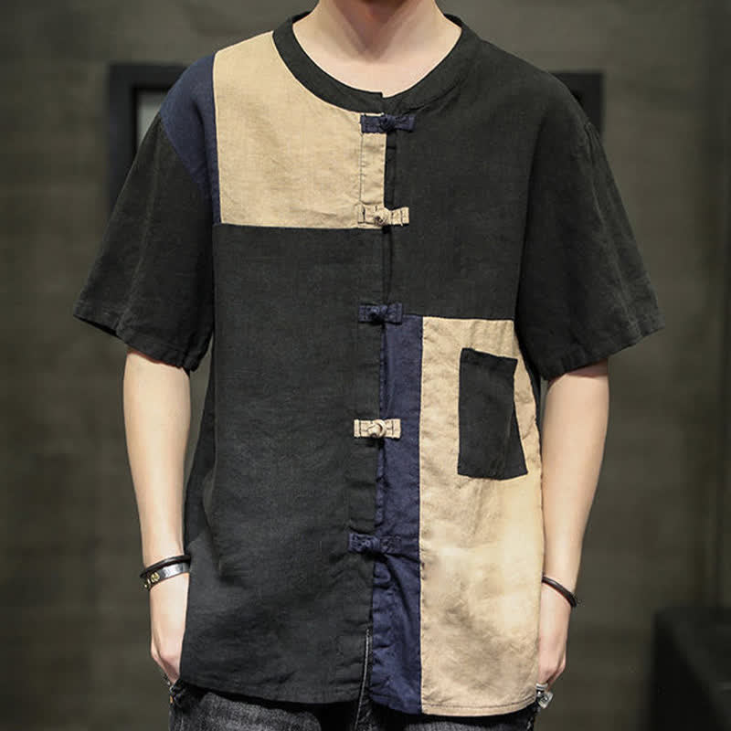 Nimara Ritual Summer Vintage Frog Button Patchwork Design Men's Short Sleeve Shirt