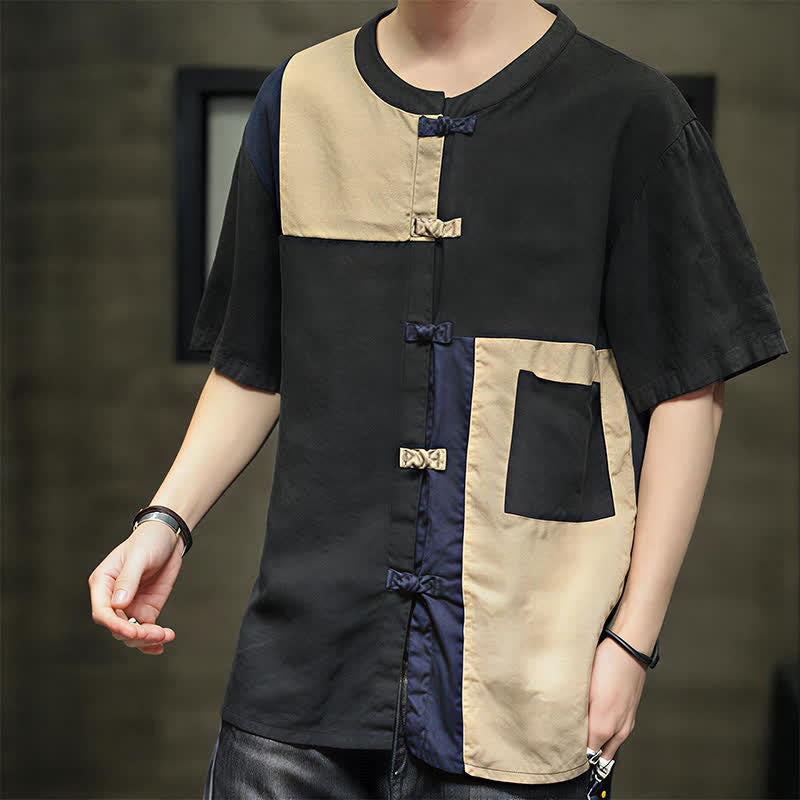 Nimara Ritual Summer Vintage Frog Button Patchwork Design Men's Short Sleeve Shirt
