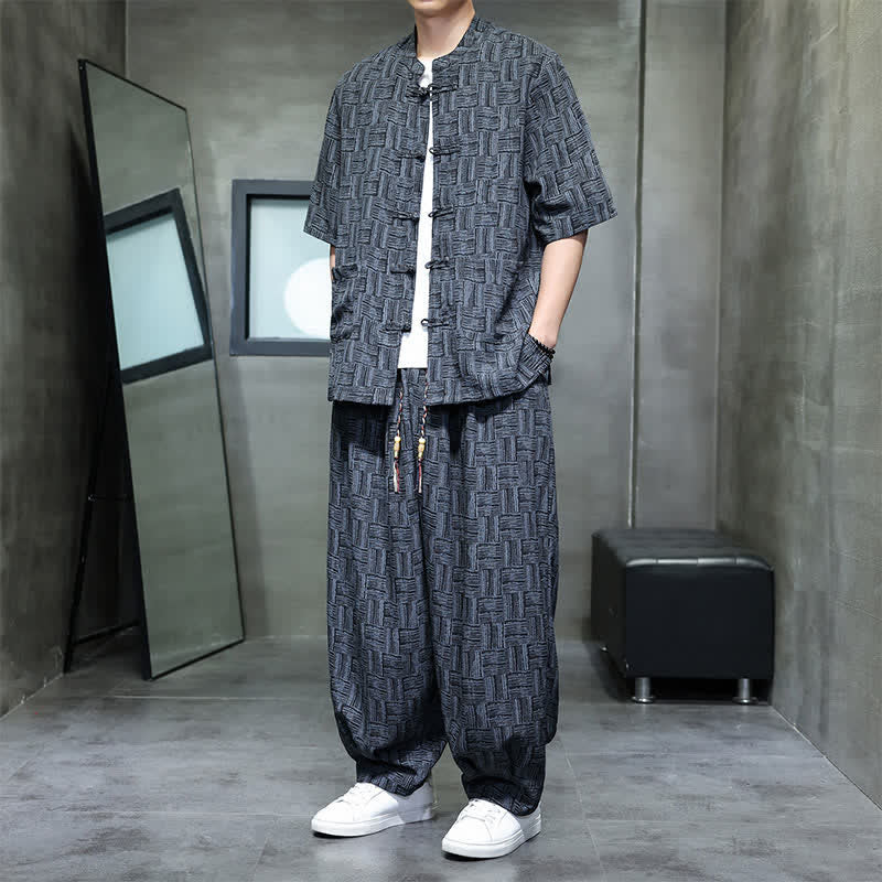 Nimara Ritual 2Pcs Summer Mandarin Collar Frog Button Geometric Short Sleeve Shirt Harem Pants Men's Set With Pockets