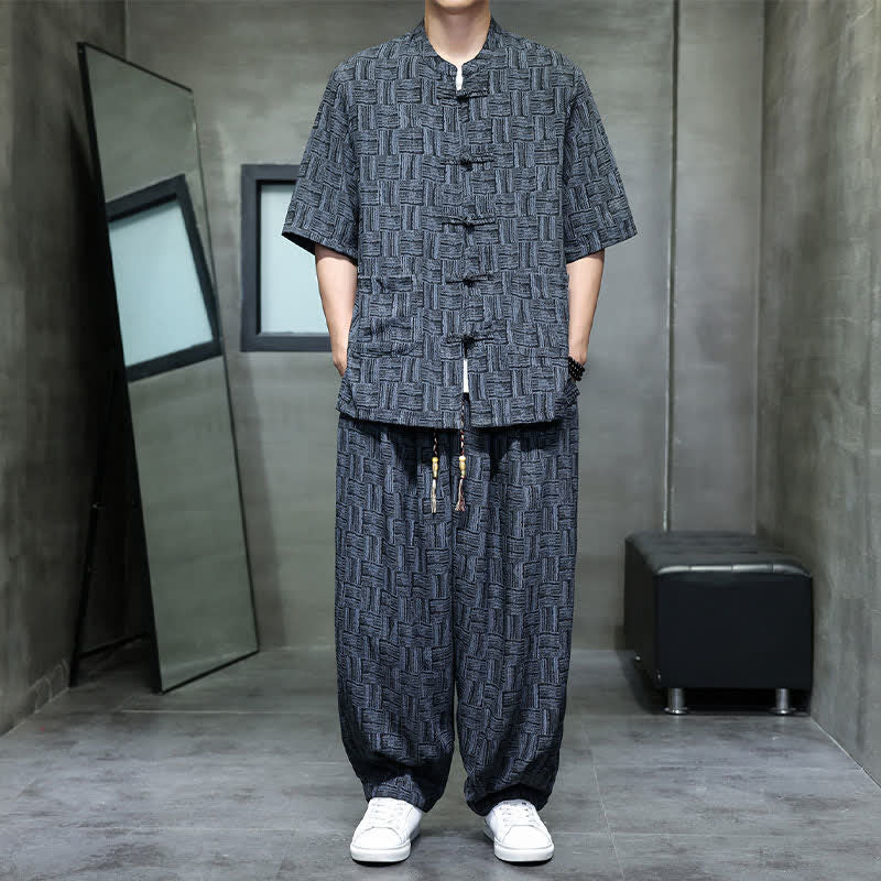 Nimara Ritual 2Pcs Summer Mandarin Collar Frog Button Geometric Short Sleeve Shirt Harem Pants Men's Set With Pockets