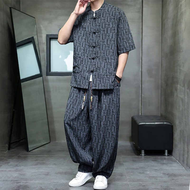 Nimara Ritual 2Pcs Summer Mandarin Collar Frog Button Geometric Short Sleeve Shirt Harem Pants Men's Set With Pockets